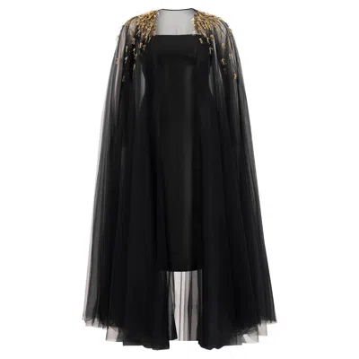 Azzalia Women's Soft Tulle Abaya With Embroidery On Shoulder In Yellow