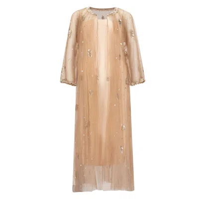 Azzalia Women's Tulle Cape With Full Length Metal Embroidery Beige Color