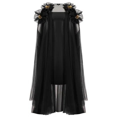 Azzalia Women's Tulle Evening Cape With Embellished Flowers On Shoulder In Black