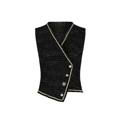 Azzalia Women's Tweed Waist Coat With Pearl Trimmings And Assorted Buttons-black