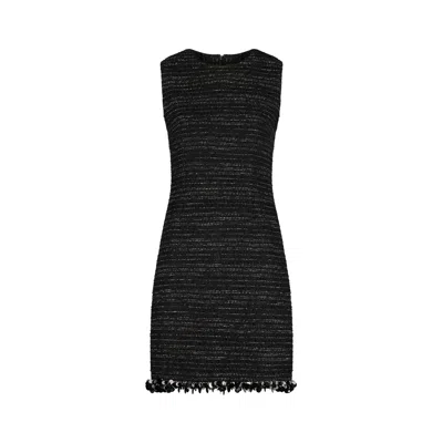 Azzalia Women's Tweed With Metallic Threads Sleeveless Short Dress With Embellished Trimmings-black