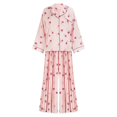 Azzalia Women's Two Piece Ensemble With Pjayama Style And Wide Leg Pleated Pants In Pink