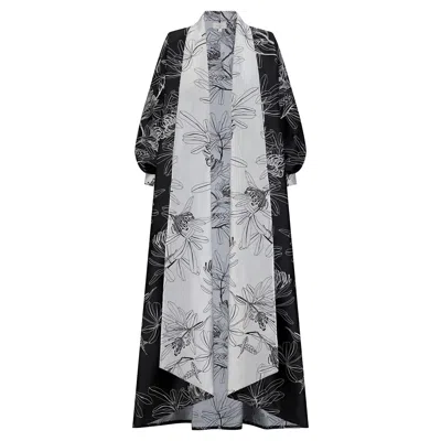 Azzalia Women's Two-toned A-line Abaya In Printed Jacquard With Puff Sleeves- Black