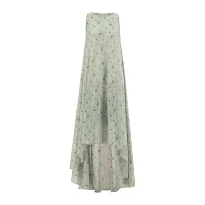 Azzalia Women's Voile Printed Leaves Sleeveless Dress With Asymmetric Length- Green