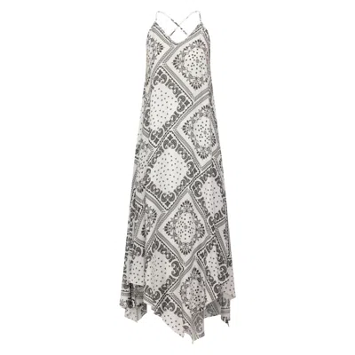 Azzalia Women's White / Black Asymmetrical Hemline Printed Rayon Dress With Low Back In White/black