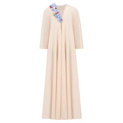 Azzalia Women's White Classic Flowy Kaftan With On Side Three-d Floral Embellishment Ivory Pearled