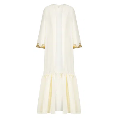 Azzalia Women's White Fitted Sleeve Abaya Embellished With Metal Heart Motifs With Gathered Hemline-gardenia