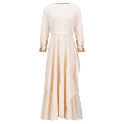 Azzalia Women's White Long Sleeves Crepe Dress With Sequin And Fitted Sleeves With Frilled Hemline In Ivory