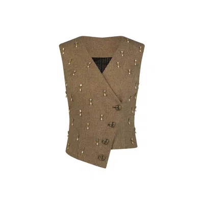 Azzalia Women's Wool Chevron Embellished Crystal And Pearls Sleeveless Waist Coat With Glass Buttons-brown R