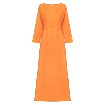 Azzalia Women's Yellow / Orange Boat Neck Cotton Kaftan With Rushed Belted Waistline In Yellow/orange