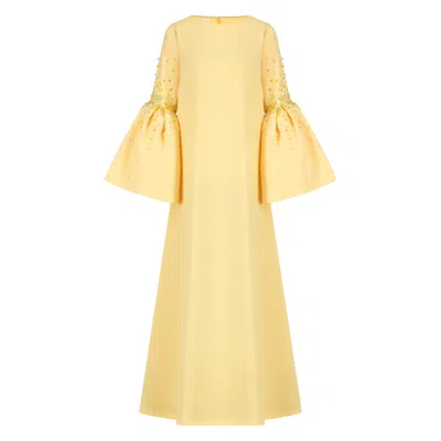 Azzalia Women's Yellow / Orange Crepe Kaftan With Puffed Sleeve And Scattered Embroidery-double Cream In Yellow/orange