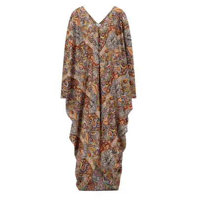 Azzalia Women's Yellow / Orange Mariposa Cut Kaftan In Printed Paisley Silk In Orange In Brown