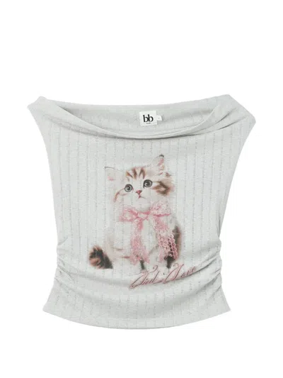 B+ab Cat-print Ruched T-shirt In Gray