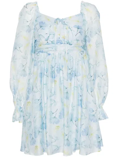 B+ab Floral-print Pleat-detail Minidress In 蓝色