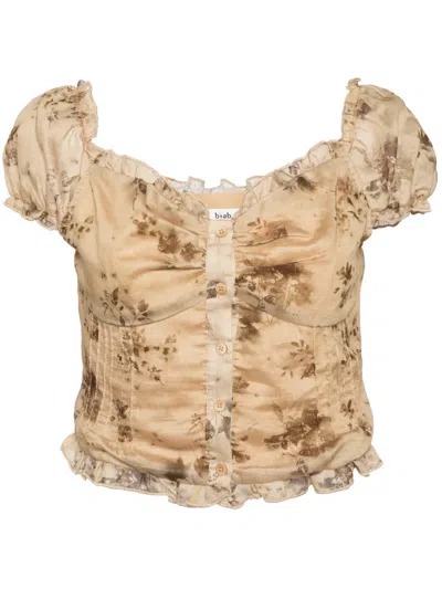 B+ab Floral-print Ruffled-detail Top In Neutrals