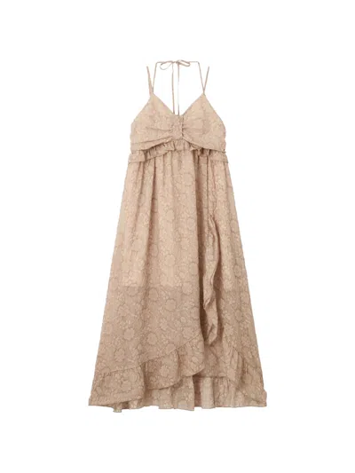 B+ab Floral-jacquard Ruffled Midi Dress In Brown