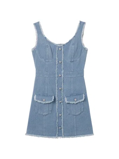 B+ab Frayed-edge Button-up Mini Dress In Blue
