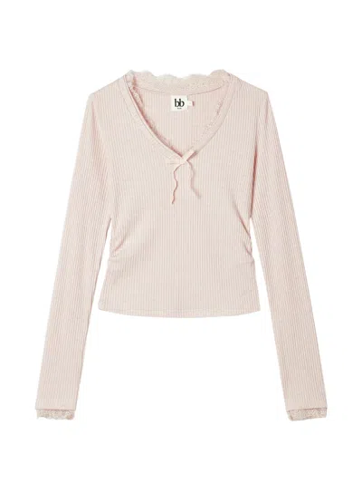 B+ab Lace-trim Ribbed-knit Top In Pink