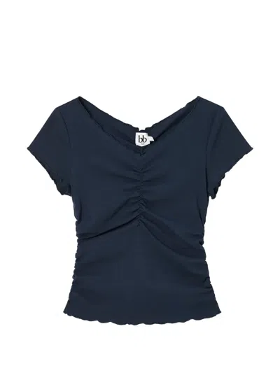B+ab Ruched Lettuce-trim V-neck T-shirt In Blue