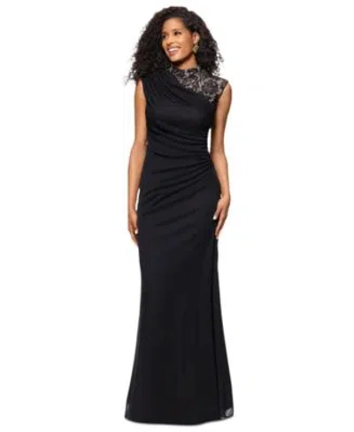 B & A By Betsy And Adam B A By Betsy Adam Betsy Adam Womens Lace Trim Ruched Jersey Gown In Black