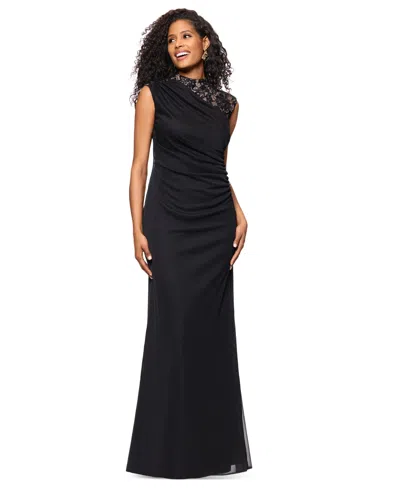 B & A By Betsy And Adam Betsy & Adam Petite Lace Trim Ruched Sleeveless Gown In Black