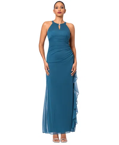 B & A By Betsy And Adam Betsy & Adam Petite Ruched Embellished Gown In Blue