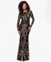 B & A By Betsy And Adam Betsy & Adam Petite Sequinned Mesh-sleeve Evening Gown In Black