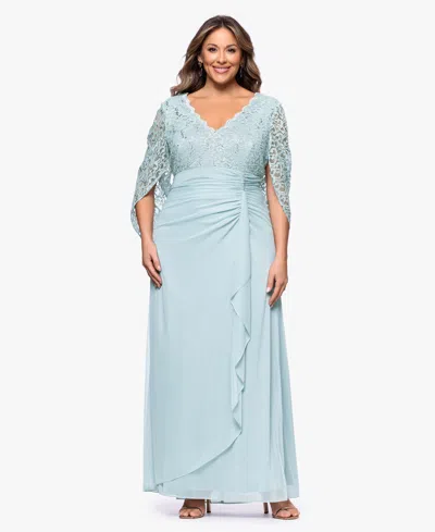 B & A By Betsy And Adam Betsy & Adam Plus Size Lace-cape-sleeve Embellished Gown In Blue