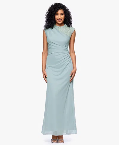 B & A By Betsy And Adam Betsy & Adam Women's Lace-trim Ruched Jersey Gown In Blue