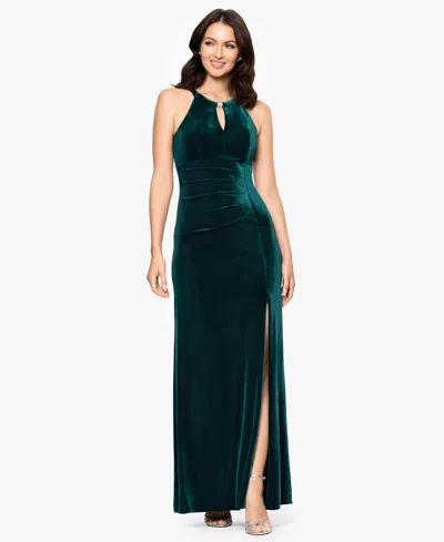 B & A By Betsy And Adam Petite Long Velvet Keyhole Dress In Green