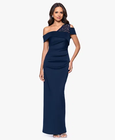 B & A By Betsy And Adam Petite One-shoulder Sheath Gown In Blue