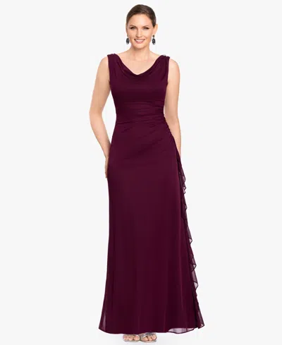 B & A By Betsy And Adam Petite Ruffle Side Cowl Neck Ball Gown In Burgundy