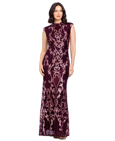 B & A By Betsy And Adam Petite Sequin Mock Neck Maxi Dress In Wine Rose