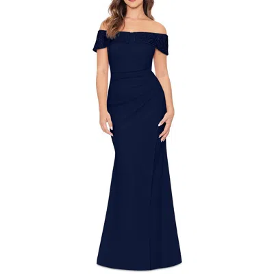 B & A By Betsy And Adam Petites Womens Embellished Off-the-shoulder Evening Dress In Blue