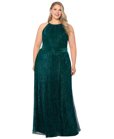 B & A By Betsy And Adam Plus Size Halter Neck Sleeveless Ball Gown In Green