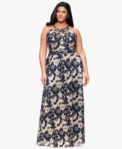 B & A By Betsy And Adam Plus Size Halter Wrap Foil Ball Gown In Blue