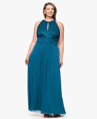 B & A BY BETSY AND ADAM PLUS SIZE LACE LONG HALTER DRESS