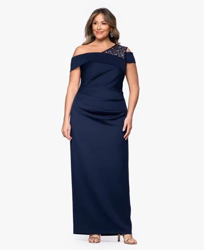 B & A By Betsy And Adam Plus Size Long Asymmetrical Neck Ball Gown In Blue