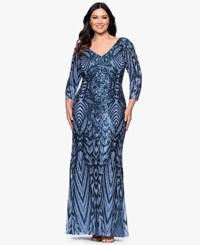 B & A By Betsy And Adam Plus Size Sequin Detail Sheath Long Dress In Blue