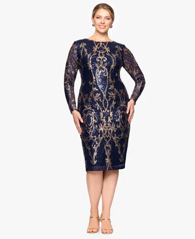 B & A BY BETSY AND ADAM PLUS SIZE SEQUIN LONG-SLEEVE MIDI DRESS
