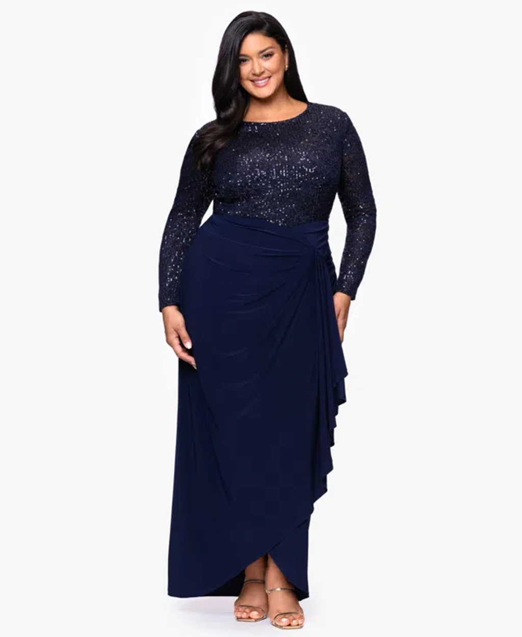 betsy and adam plus size formal dresses Betsy & Adam Plus Size Asymmetrical Neck Ball Gown - Navy main image 1