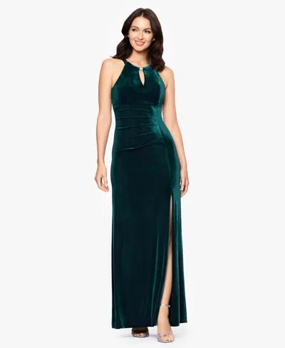 B & A By Betsy And Adam Ruched Velvet Halter Neck Dress In Green