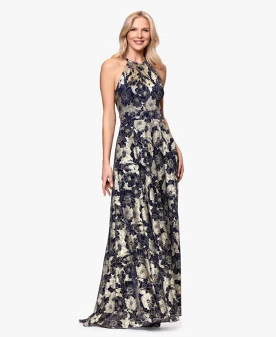 B & A By Betsy And Adam Women's Halter Neck Wrap Foil Gown In Black