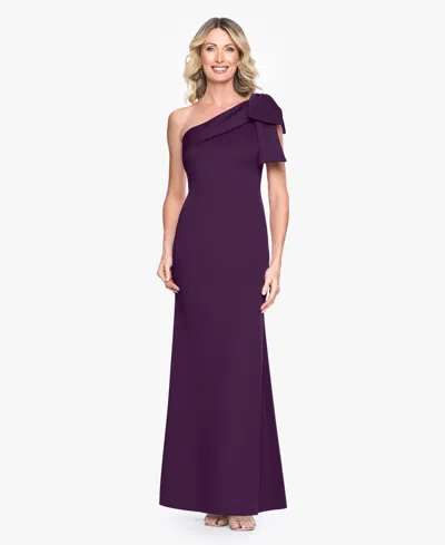 B & A By Betsy And Adam Women's One-shoulder Bow Scuba Long Dress In Purple