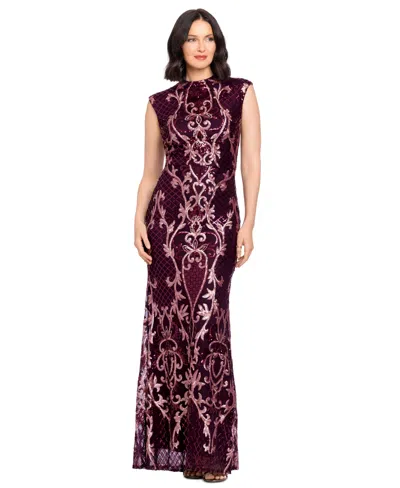 B & A By Betsy And Adam Women's Sequin Embroidery Gown In Wine Rose