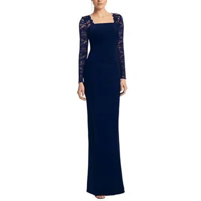 B & A By Betsy And Adam Womens Lace Trim Open Back Evening Dress In Blue