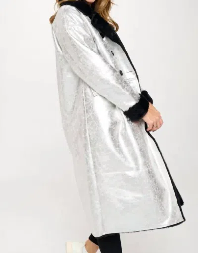 B. Coature Fur Lined Metallic Oversized Coat In Silver/black