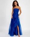 B Darlin Juniors' Asymmetric Drape Strapless Ball Gown, Created For Macy's In Blue