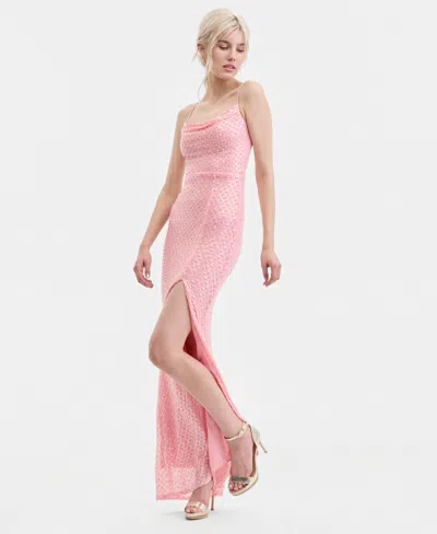B Darlin Juniors' Beaded V-neck Lace-up-back Gown In Pink