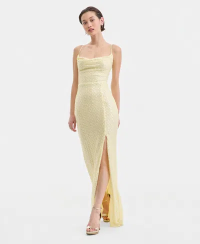 B Darlin Juniors' Beaded V-neck Lace-up-back Gown In Yellow